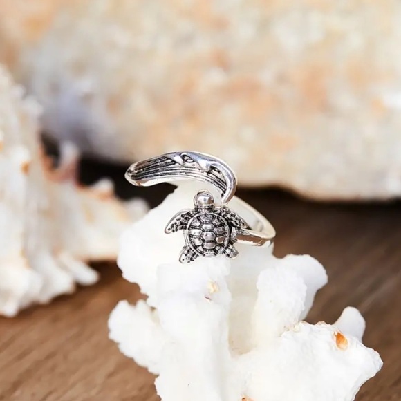 Sea Turtle and Ocean Wave Silver Tone Ring Size is Adjustable - Picture 2 of 13